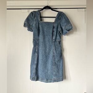Blue Denim Mini Dress with Puff Sleeves